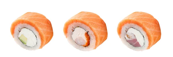 Klassieke sushi roll. Sushi op een witte achtergrond. Japans Sushi vis en zeevruchten Roll witte achtergrond. — Stockfoto