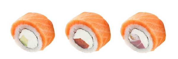 Classico sushi roll. Sushi su fondo bianco. giapponese sushi frutti di mare rotolo bianco sfondo . — Foto Stock