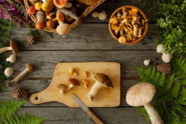 Setas sobre fondo de madera vieja. Tarjeta en otoño o verano — Foto de Stock