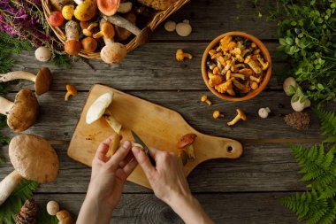 Eski ahşap arka planda mantarlar. Sonbahar veya yaz aylarında kart. Orman hasadı. Boletus, chanterelles, yapraklar, çilek. Düz yatıyordu.