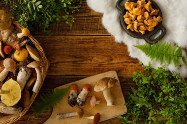 Eski ahşap arka planda mantarlar. Sonbaharda veya yaz aylarında kart