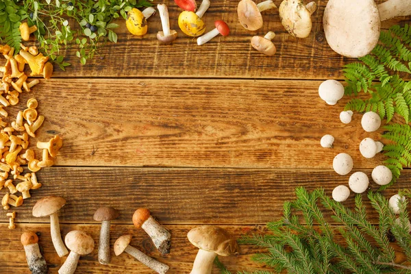 Setas sobre fondo de madera vieja. Tarjeta en otoño o verano. Cosecha forestal. Boletus, cantarelas, hojas, bayas. Puesta plana . — Foto de Stock