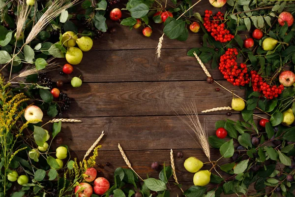 Ram av höst frukter, äpplen och päron trä bakgrund. Kopiera utrymme. Skörde konceptet. — Stockfoto
