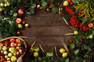 Sonbahar meyve, elma ve armut ahşap arka plan Çerçeve. Kopya