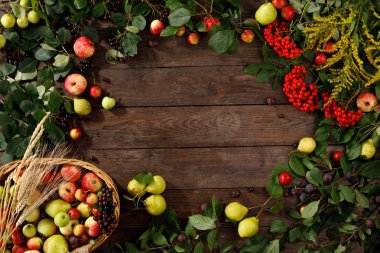 Sonbahar meyve, elma ve armut ahşap arka plan Çerçeve. Kopya