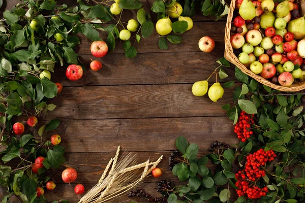 Cornice di frutta autunnale, mele e pere fondo in legno. Ricevuto. Concetto di raccolta . — Foto Stock