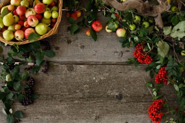 Sonbahar meyve, elma ve armut ahşap arka plan Çerçeve. Kopya alanı. Hasat konsepti.