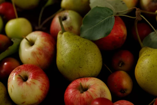 Sfondo da pere succose mature e mele per il vostro disegno. Primo piano. Vendemmia . — Foto Stock