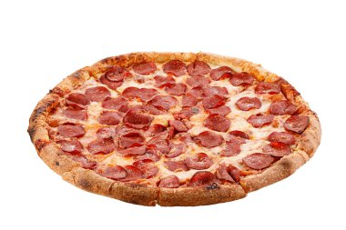 Pepperoni pizza düzenleme beyaz arka plan izole.