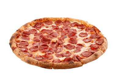 Pepperoni pizza düzenleme beyaz arka plan izole.