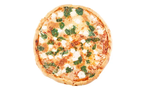 Heiße vier Käse leckere Pizza mit einer dicken Kruste auf weißem Hintergrund. — Stockfoto