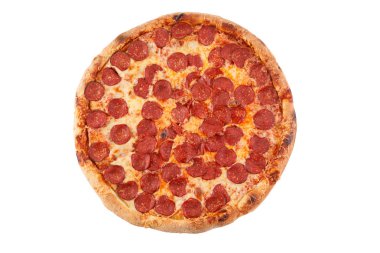 Pepperoni pizza düzenleme beyaz arka plan izole. Close.
