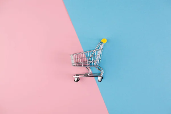 Shopaholic. Buyer. Shopping concept. Close-up. An isolated trolley and shopping basket on a pink and blue background bisected. Copy space. — Stock Photo, Image