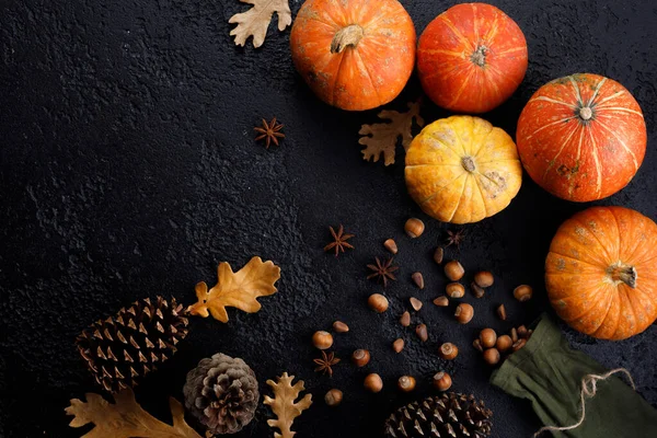 Höstens ram gjord av pumpor, trädblad, hasselnötter på svart bakgrund. Höst, höst, tacksägelse koncept. Platt läggning, kopieringsutrymme. — Stockfoto