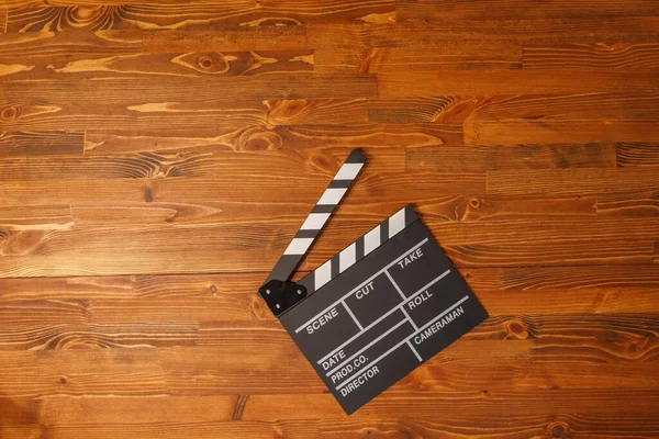 Movie Production Clapper Board Wooden Background — Stock Photo, Image