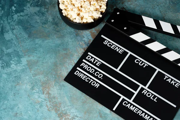 Clapper Board Popcorn Movie Concept Clapperboard Textural Background Close — Stock Photo, Image
