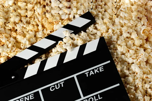 Clapper Board Popcorn Movie Concept Popcorn Cracker Background Close — Stock Photo, Image