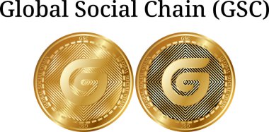 Fiziksel altın sikke küresel sosyal zinciri (Gsc), dijital cryptocurrency kümesi. Küresel sosyal zinciri (Gsc) simge seti. Beyaz arka plan üzerinde izole vektör çizim.