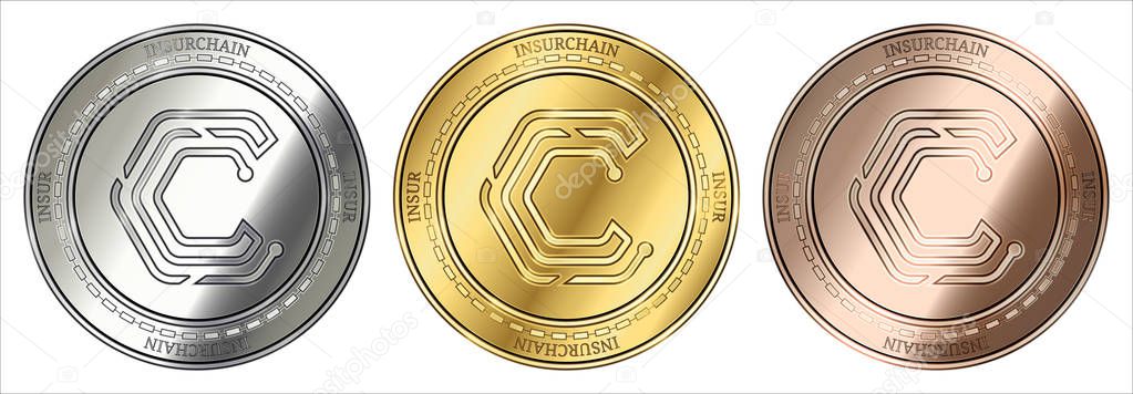 Gold, silver and bronze InsurChain (INSUR) cryptocurrency coin. InsurChain (INSUR) coin set.