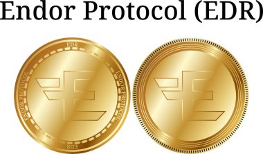 Fiziksel altın sikke Endor Protokolü (Edr), dijital cryptocurrency kümesi. Endor Protokolü (Edr) simge seti. Beyaz arka plan üzerinde izole vektör çizim.
