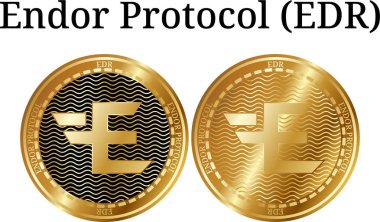 Fiziksel altın sikke Endor Protokolü (Edr), dijital cryptocurrency kümesi. Endor Protokolü (Edr) simge seti. Beyaz arka plan üzerinde izole vektör çizim.