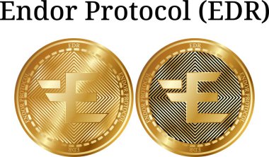Fiziksel altın sikke Endor Protokolü (Edr), dijital cryptocurrency kümesi. Endor Protokolü (Edr) simge seti. Beyaz arka plan üzerinde izole vektör çizim.
