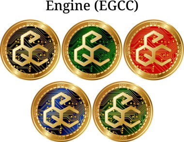 Fiziksel altın sikke motoru (EGNM), dijital cryptocurrency kümesi. (EGNM) simge seti motor. Beyaz arka plan üzerinde izole vektör çizim.