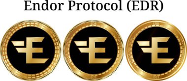 Fiziksel altın sikke Endor Protokolü (Edr), dijital cryptocurrency kümesi. Endor Protokolü (Edr) simge seti. Beyaz arka plan üzerinde izole vektör çizim.