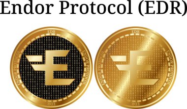 Fiziksel altın sikke Endor Protokolü (Edr), dijital cryptocurrency kümesi. Endor Protokolü (Edr) simge seti. Beyaz arka plan üzerinde izole vektör çizim.
