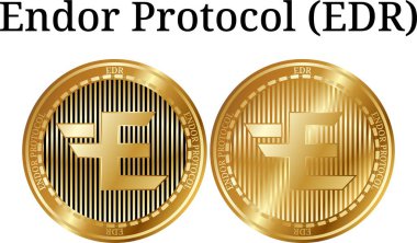 Fiziksel altın sikke Endor Protokolü (Edr), dijital cryptocurrency kümesi. Endor Protokolü (Edr) simge seti. Beyaz arka plan üzerinde izole vektör çizim.