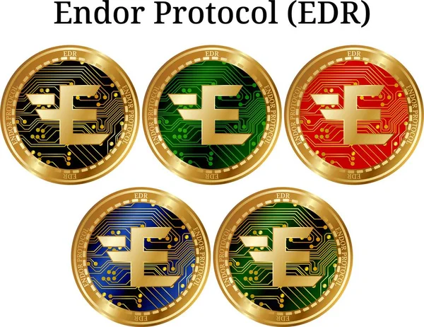 Fiziksel altın sikke Endor Protokolü (Edr), dijital cryptocurrency kümesi. Endor Protokolü (Edr) simge seti. Beyaz arka plan üzerinde izole vektör çizim.