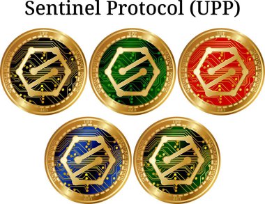 Fiziksel altın sikke Sentinel Protokolü (Upp), dijital cryptocurrency kümesi. Protokolü (Upp) simge seti sentinel. Beyaz arka plan üzerinde izole vektör çizim.