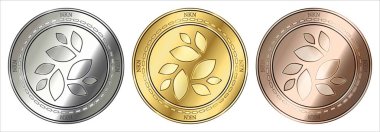 Bitiş (bitiş) cryptocurrency altın, gümüş ve bronz sikke. madeni para seti.
