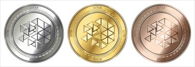 Iotex (Iotx) cryptocurrency, altın, gümüş ve bronz madeni para. madeni para seti.