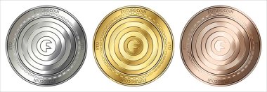 Futurocoin (Fto) cryptocurrency altın, gümüş ve bronz sikke. madeni para seti.