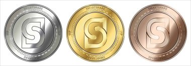 Smartshare (Ssp) cryptocurrency altın, gümüş ve bronz sikke. madeni para seti.
