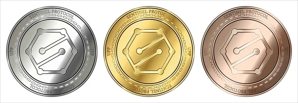 Moneda Criptomoneda Oro Plata Bronce Del Protocolo Centinela Upp Conjunto — Vector de stock