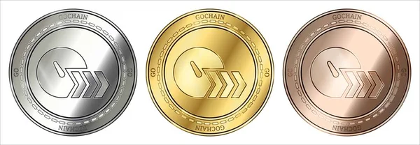 Gold, silver and bronze GoChain (GO) cryptocurrency coin.  coin set. — Stock Vector