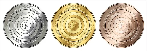 Χρυσά, αργυρά και χάλκινα κέρματα κρυπτονόμισμα Futurocoin (Fto). Σετ κερμάτων. — Διανυσματικό Αρχείο