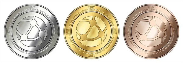 Ejoy (Ejoy) cryptocurrency, altın, gümüş ve bronz madeni para. madeni para seti.