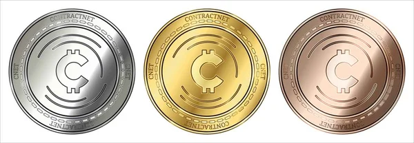 Contractnet (Cnet) cryptocurrency altın, gümüş ve bronz sikke. madeni para seti.