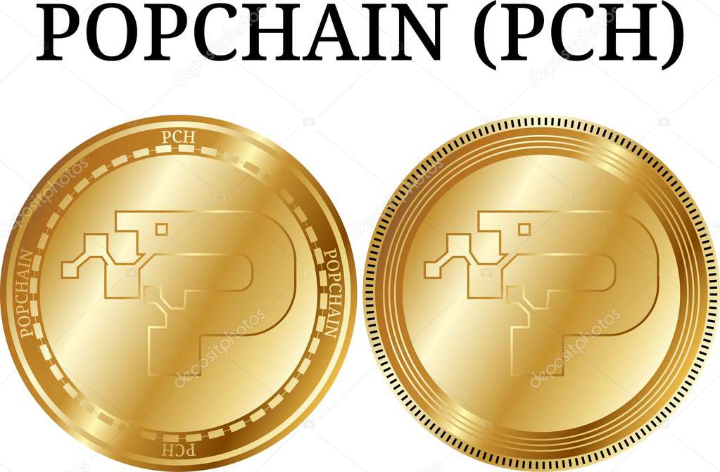 Set of physical golden coin POPCHAIN (PCH), digital cryptocurrency. POPCHAIN (PCH) icon set. Vector illustration isolated on white background.