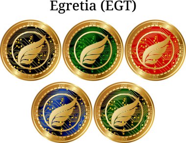 Fiziksel altın sikke Egretia (Egt), dijital cryptocurrency kümesi. Egretia (Egt) simge seti. Beyaz arka plan üzerinde izole vektör çizim.