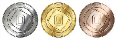 Altın, gümüş ve bronz Coinbene(Coni) cryptocurrency para. madeni para seti.