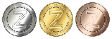 Çinko (çinko) cryptocurrency altın, gümüş ve bronz sikke. madeni para seti.