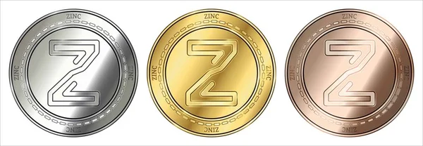 Ouro, prata e bronze ZINC (ZINC) moeda criptomoeda. conjunto de moedas . — Vetor de Stock