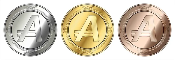 Moneda criptomoneda de oro, plata y bronce Atonomi (ATMI). juego de monedas . — Vector de stock