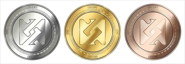 Moneda criptomoneda de oro, plata y bronce 0xcert (ZXC). juego de monedas . — Vector de stock