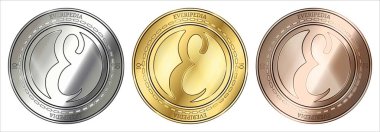 Everipedia (IQ) cryptocurrency altın, gümüş ve bronz sikke. madeni para seti.