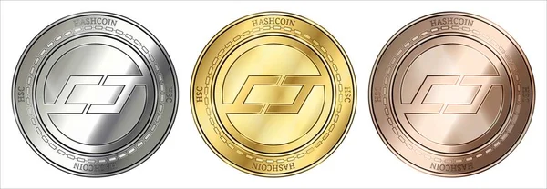 Moneda criptomoneda de oro, plata y bronce HashCoin (HSC). juego de monedas . — Vector de stock